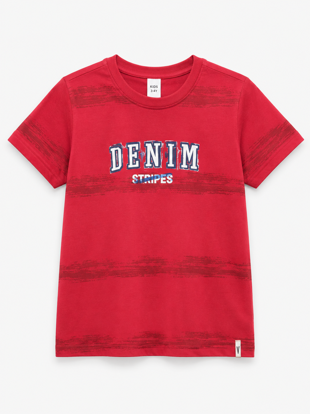 Kids Red Denim Stripes Graphic T-Shirt – Casual Summer Tee for Boys