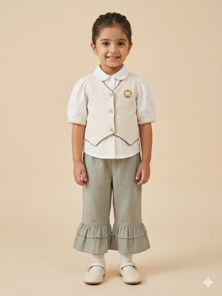 Girls Embroidered Waistcoat Top & Frill Pants Set – Beige & Olive