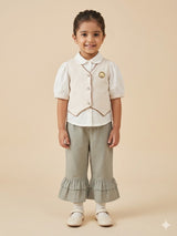 Girls Embroidered Waistcoat Top & Frill Pants Set – Beige & Olive