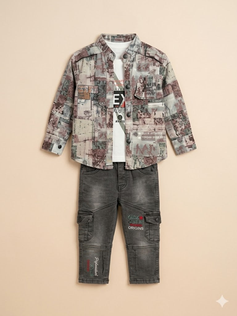 Boys Printed Shirt, T-Shirt & Jeans 3-Piece Set – Casual Cotton Outfit