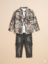 Boys Printed Shirt, T-Shirt & Jeans 3-Piece Set – Casual Cotton Outfit