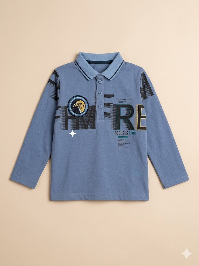 Boys Grey & Blue Graphic T-Shirt – Casual Cotton Short Sleeve Top