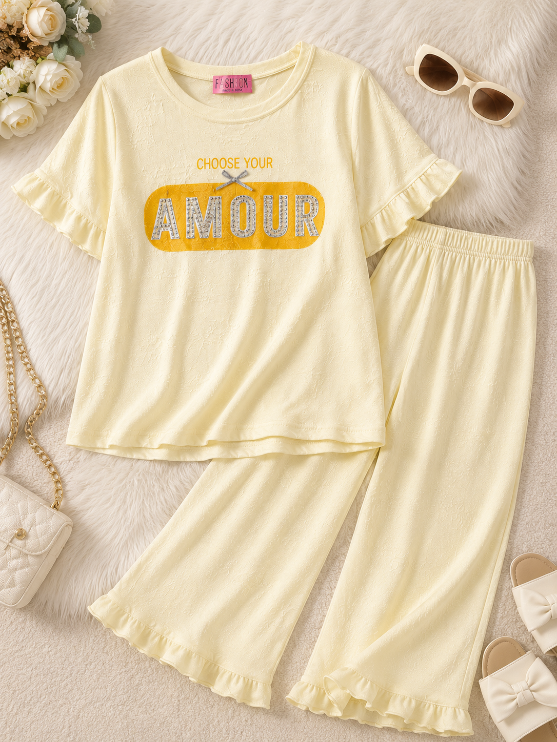 Girls Soft Lounge Co-Ord Set – Printed Top & Wide Leg Pants