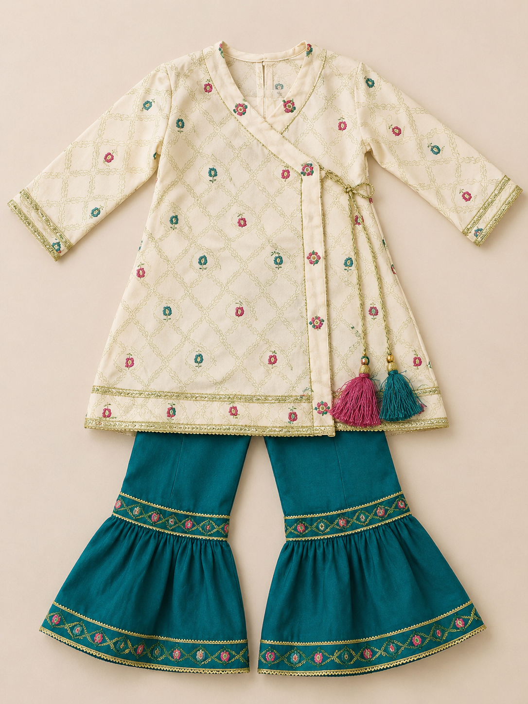 Girls Cream Wrap Style Kurti Gharara Set