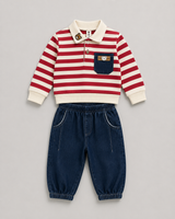 Kids Striped Polo Co-Ord Set – Full Sleeve Sweatshirt & Denim Jogger Pants (2 Pcs)
