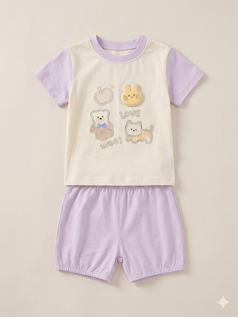 Girls White Graphic T-Shirt & Lavender Shorts Set – Casual Cotton Summer Outfit