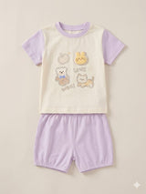 Girls White Graphic T-Shirt & Lavender Shorts Set – Casual Cotton Summer Outfit