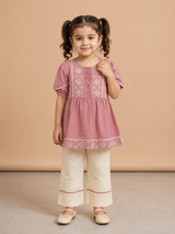 Girls Pink Embroidered Kurti Trouser Set – Elegant Kids Ethnic Wear
