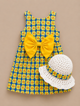 Girls Floral Bow Dress with Matching Hat – Stylish Kids Summer Outfit