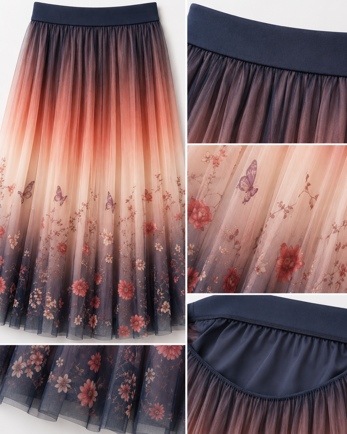 Girls Ombre Floral Mesh Maxi Skirt – Butterfly Print Party Skirt