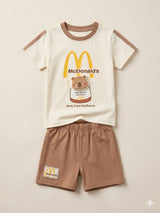 Boys Cream Cartoon Graphic T-Shirt & Brown Shorts Set – Casual Cotton Summer Outfit