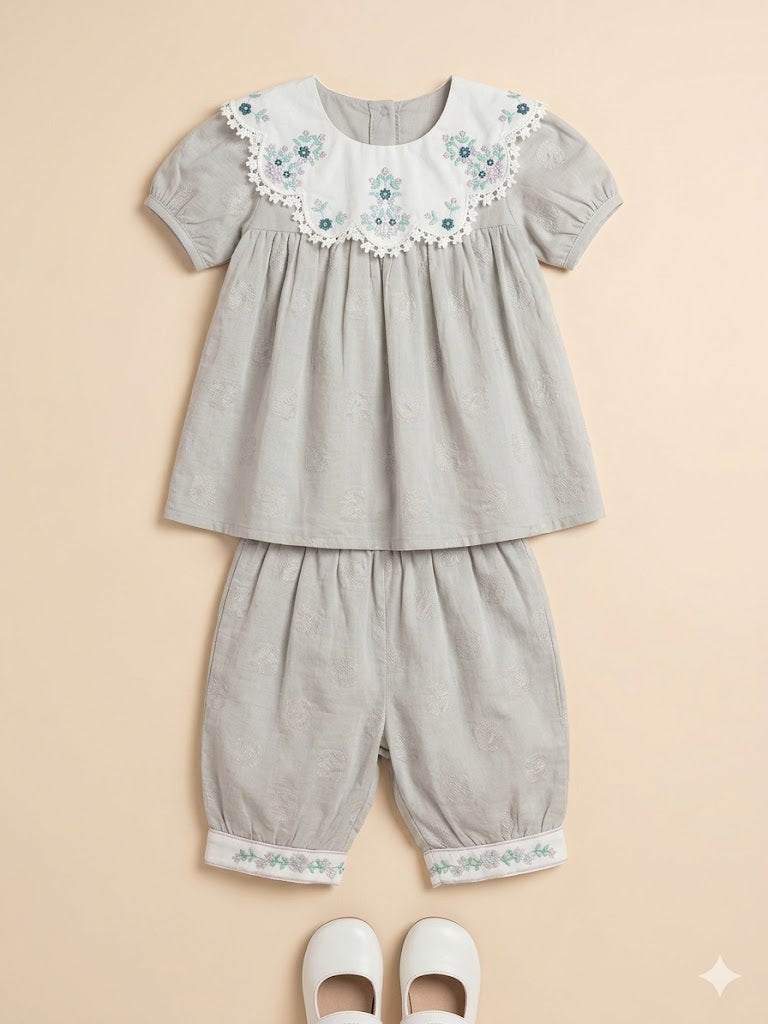 Girls Grey Embroidered Top & Trousers Set – Casual Cotton Outfit