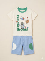 Boys White Graphic T-Shirt & Blue Shorts Set – Casual Cotton Summer Outfit