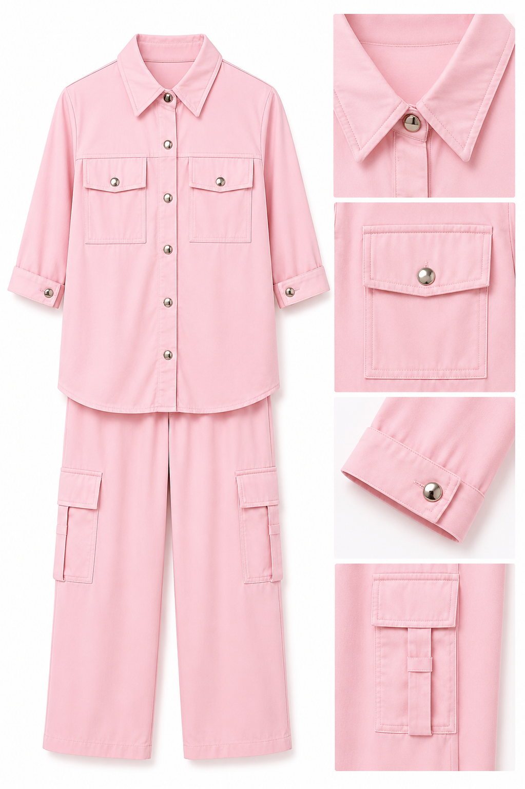 Girls Pink Cargo Co-ord Set – Button Down Shirt & Wide Leg Pants