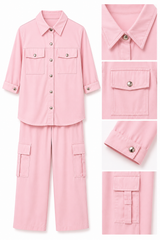 Girls Pink Cargo Co-ord Set – Button Down Shirt & Wide Leg Pants