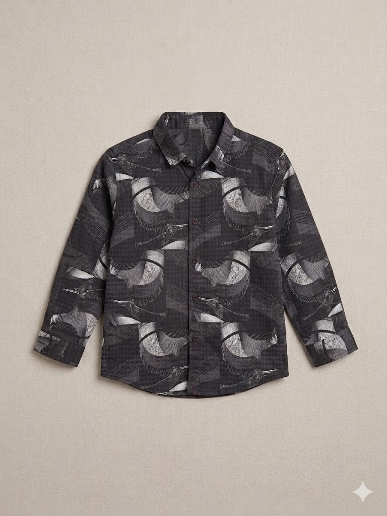 Boys Printed Casual Shirt – Cotton Button-Up Top (Black & Grey)