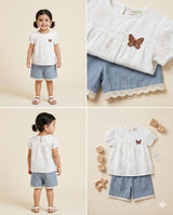 Girls Butterfly Embroidered Top & Denim Shorts Set – White & Blue