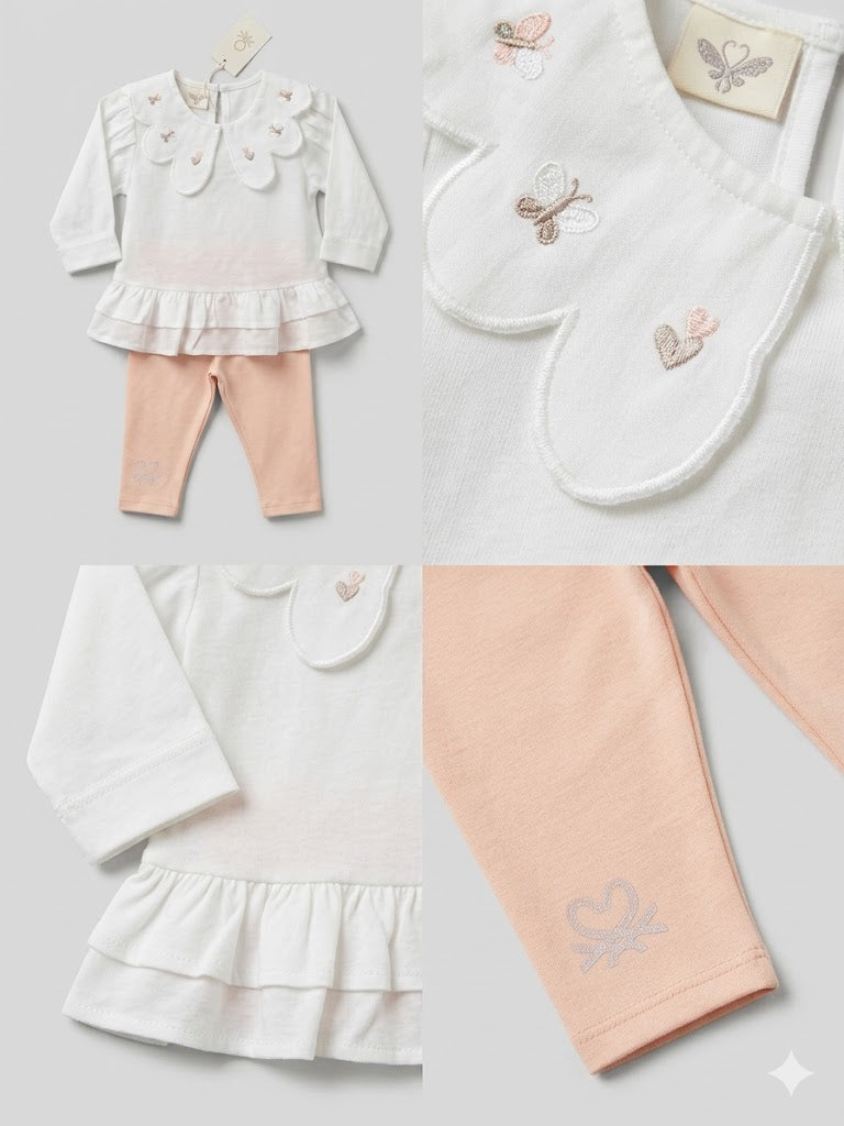 Girls Embroidered Frill Top & Peach Leggings Set – White