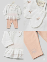 Girls Embroidered Frill Top & Peach Leggings Set – White