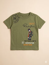 Boys Olive Green Graphic T-Shirt – Casual Cotton Short Sleeve Top
