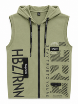 Kids Olive Green Sleeveless Zip-Up Hoodie – Casual Sportswear Hooded Jacket for Boys