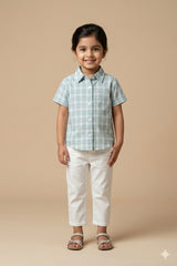 Kids Summer Check Shirt & White Pants Set – Sky Blue
