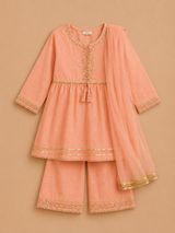 Girls Peach Embroidered 3 Piece Suit Set with Dupatta – Elegant Festive Ethnic Wear