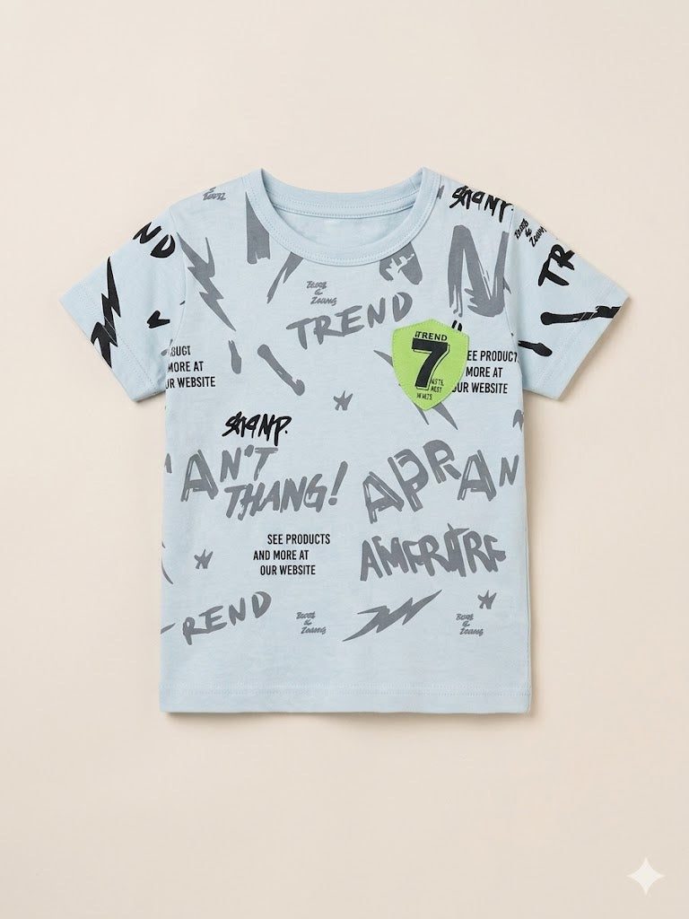 Boys Grey Printed T-Shirt – Casual Cotton Short Sleeve Top
