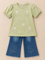 Girls Floral Embellished Top & Denim Flare Pant Set