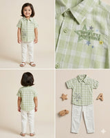 Check Shirt & White Pants Set – Light Green