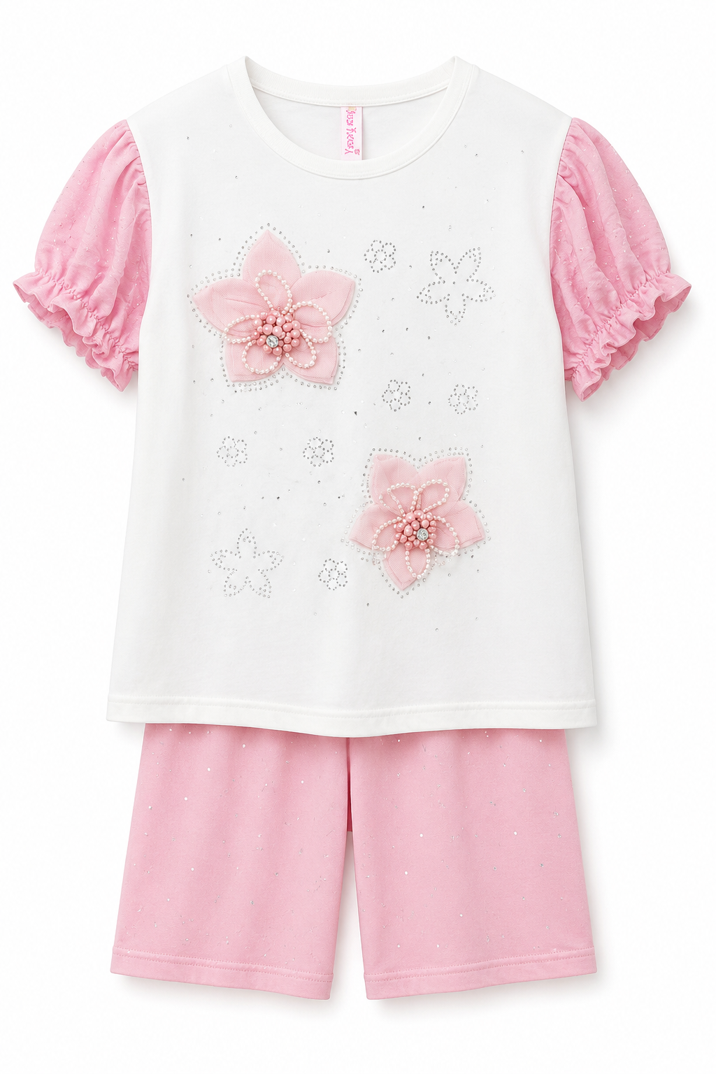 Girls Pink Floral Summer Co-ord Set – Puff Sleeve Top & Shorts