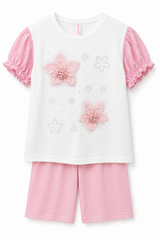 Girls Pink Floral Summer Co-ord Set – Puff Sleeve Top & Shorts