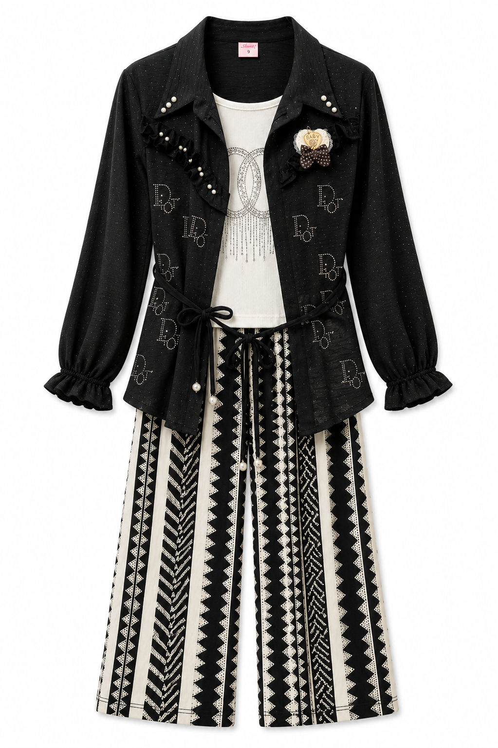 Girls Black 3-Piece Fashion Co-ord Set – Embellished Inner Top, Belted Shirt & Printed Wide Leg Pants