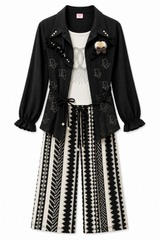 Girls Black 3-Piece Fashion Co-ord Set – Embellished Inner Top, Belted Shirt & Printed Wide Leg Pants