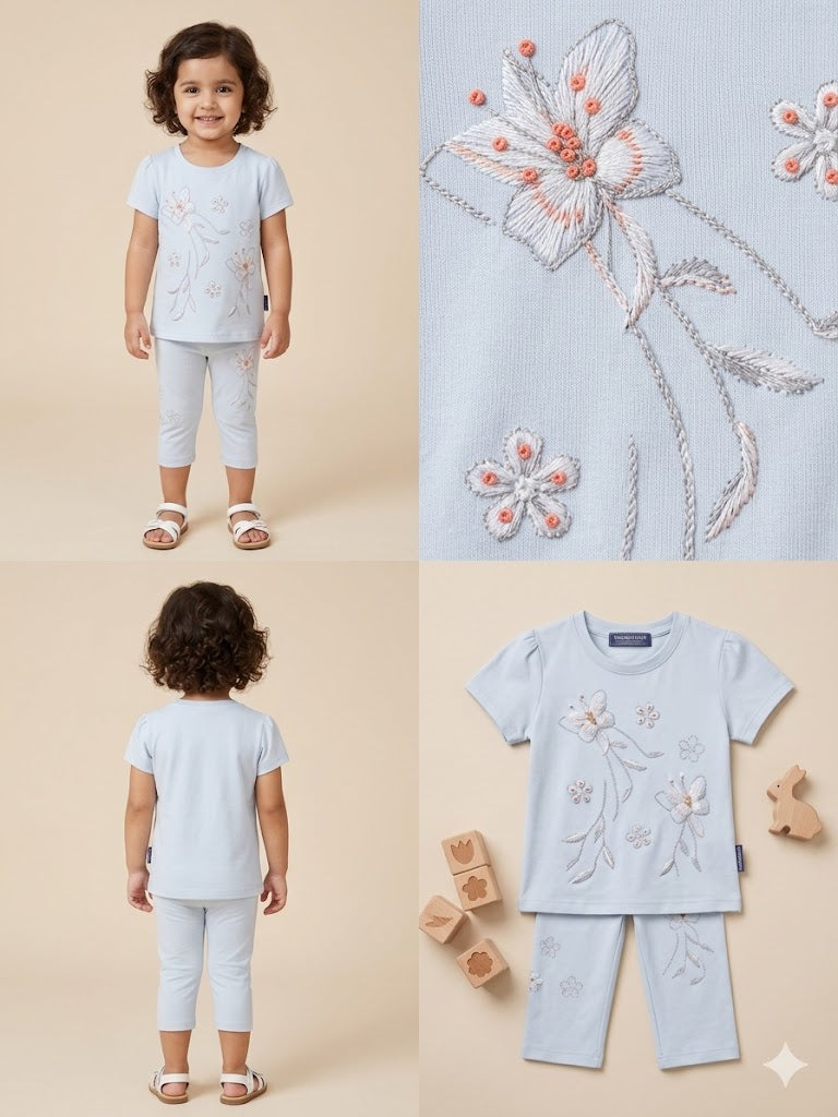 girls Light Blue Cartoon Print T-Shirt & Shorts Set – 2-Piece Summer Outfit