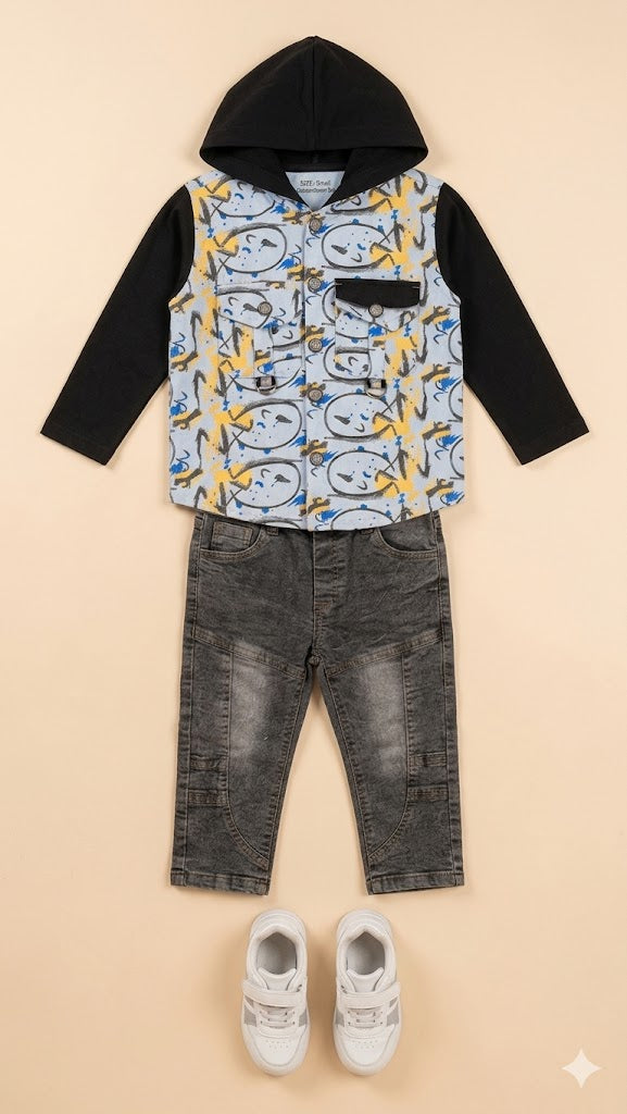 Boys Printed Jacket & Pants Set – Cotton Casual Outfit (Grey & Black)