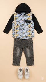 Boys Printed Jacket & Pants Set – Cotton Casual Outfit (Grey & Black)