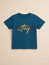 Boys Teal “Stay” Graphic T-Shirt – Casual Cotton Short Sleeve Top