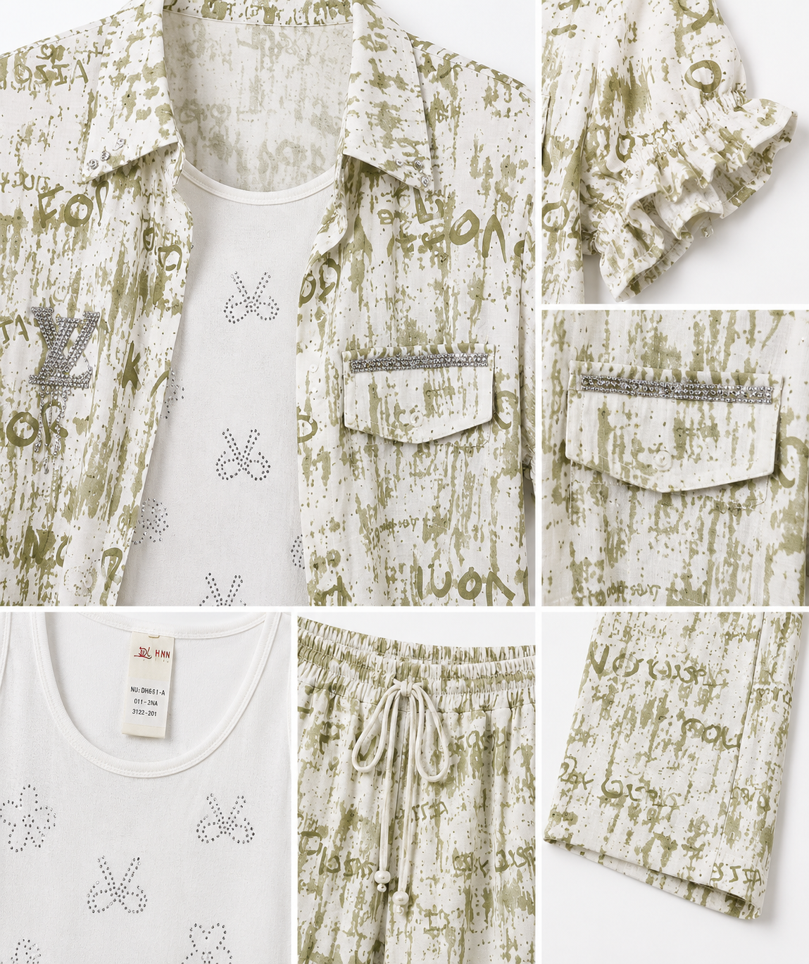 Girls Printed 3-Piece Co-ord Set – Graphic Shirt, Inner Top & Wide Leg Pants