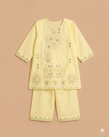 Girls Lemon Yellow Embroidered Kurti Trouser Set – Elegant Kids Ethnic Wear