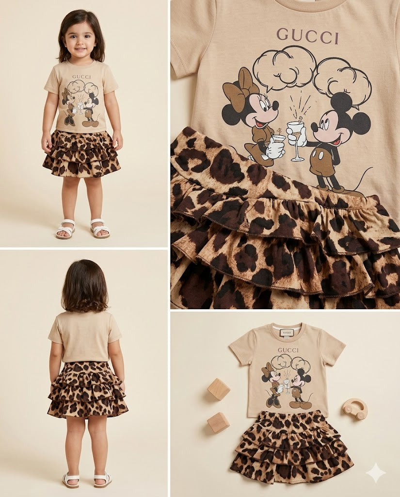 Girls Cartoon Graphic T-Shirt & Leopard Print Skirt Set – 2-Piece Outfit