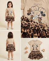 Girls Cartoon Graphic T-Shirt & Leopard Print Skirt Set – 2-Piece Outfit