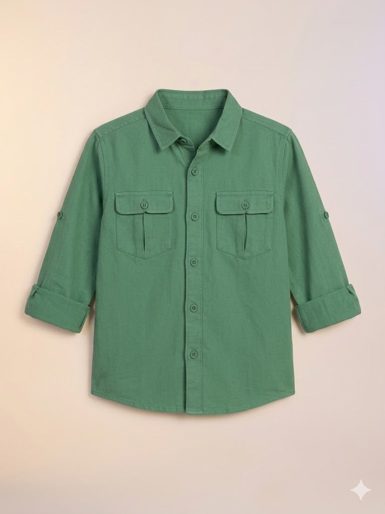 Boys Solid Green Utility Pocket Shirt