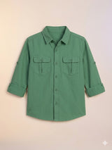 Boys Solid Green Utility Pocket Shirt