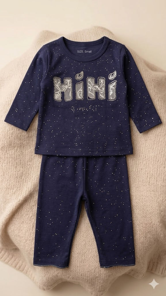 Baby Full Sleeve Romper Set – Soft Cotton Outfit (Navy Blue “Hi Hi”)
