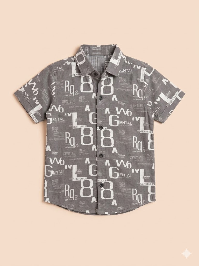 Boys Grey Printed Shirt – Casual Cotton Short Sleeve Top