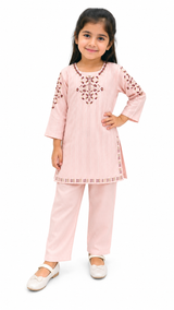 Girls Pink Embroidered Kurti Trouser Set
