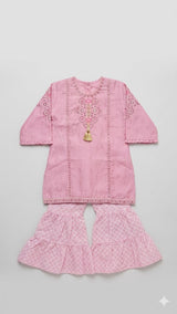 Girls Pink Embroidered Kurti Gharara Set