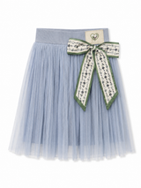 Girls Sky Blue Tulle Skirt with Floral Bow – Princess Party Wear Kids Skirt