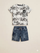 Boys Grey Printed T-Shirt & Denim Shorts Set – Casual Cotton Summer Outfit